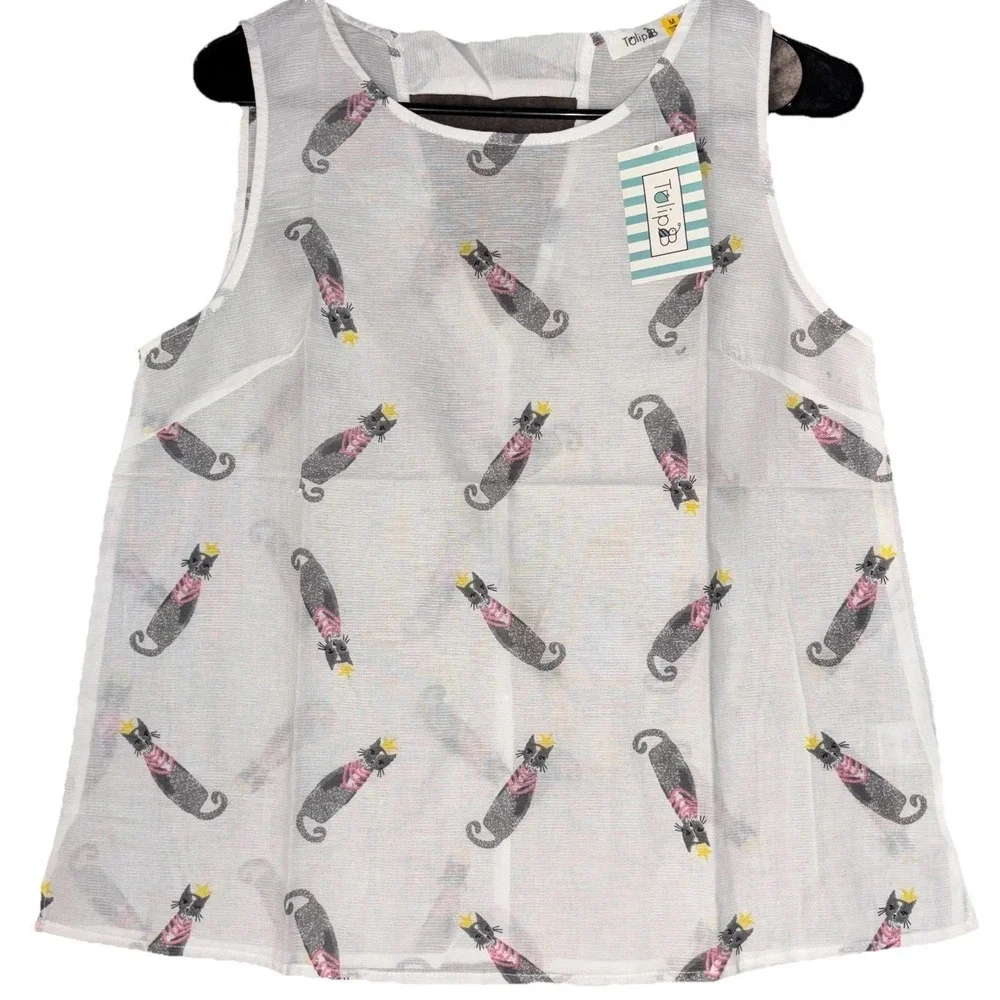 Tulip B Tank Top Womens‎ Medium White Cat Queen Princess Print Cotton Button Up